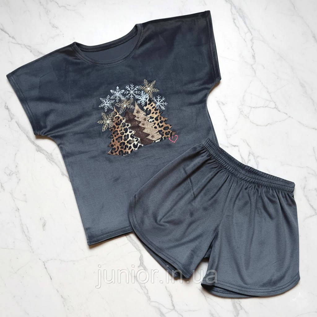 Дитяча велюрова піжама з різдвяним принтом 2 в 1 Сіра 128-158 р. Піжама для дітей Шорти з футболкою, фото 1