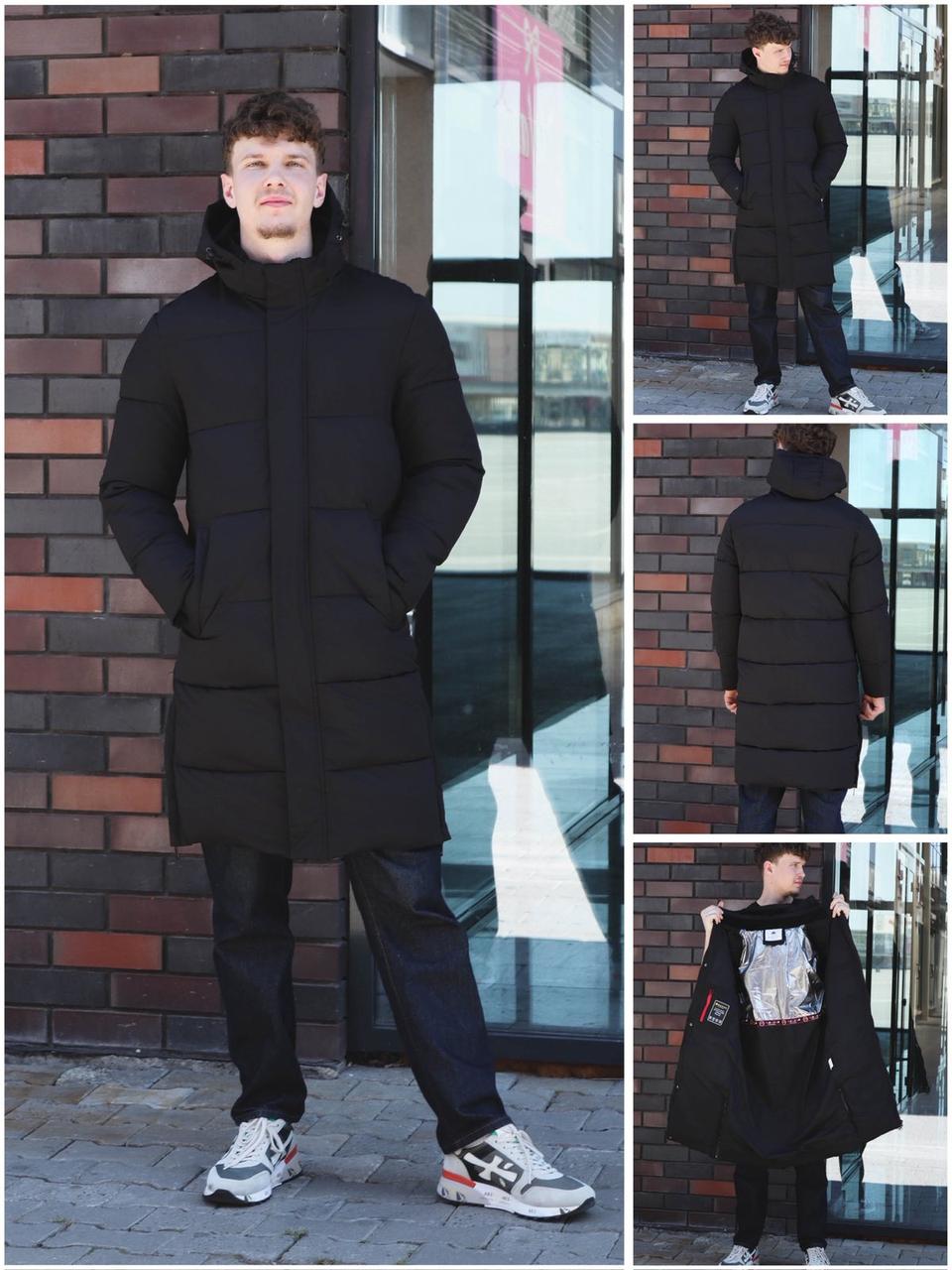 Стильна подовжена зимова куртка в чорному кольорі, фото 1