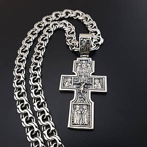 Широка срібна цепочка з хрестиком чоловіча. Двосторонній срібний хрестик та товстий ланцюг бісмарк