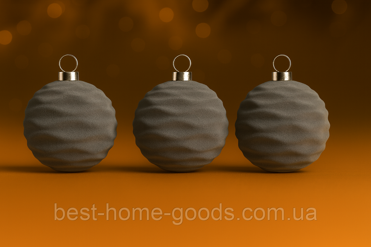 Ялинкові кулі «Зефірка» оксамитові 6 см | набір 6 шт | новорічні прикраси | іграшки для ялинки | 8 різновидів кольорів Світло-сірий, фото 1