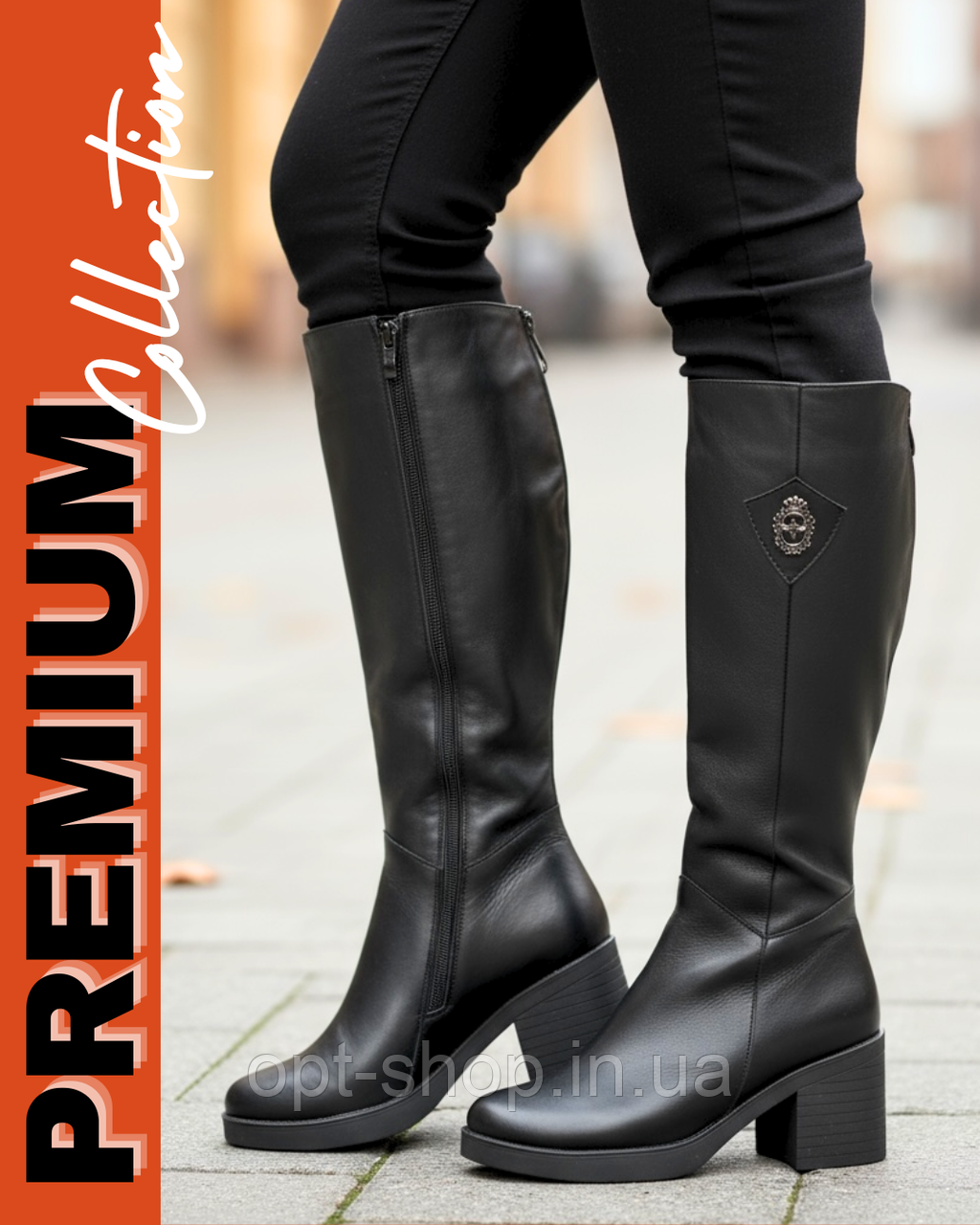 Жіночі зимові чоботи з натуральної шкіри високі чорні на товстому стійкому каблуці 37 розмір, фото 1