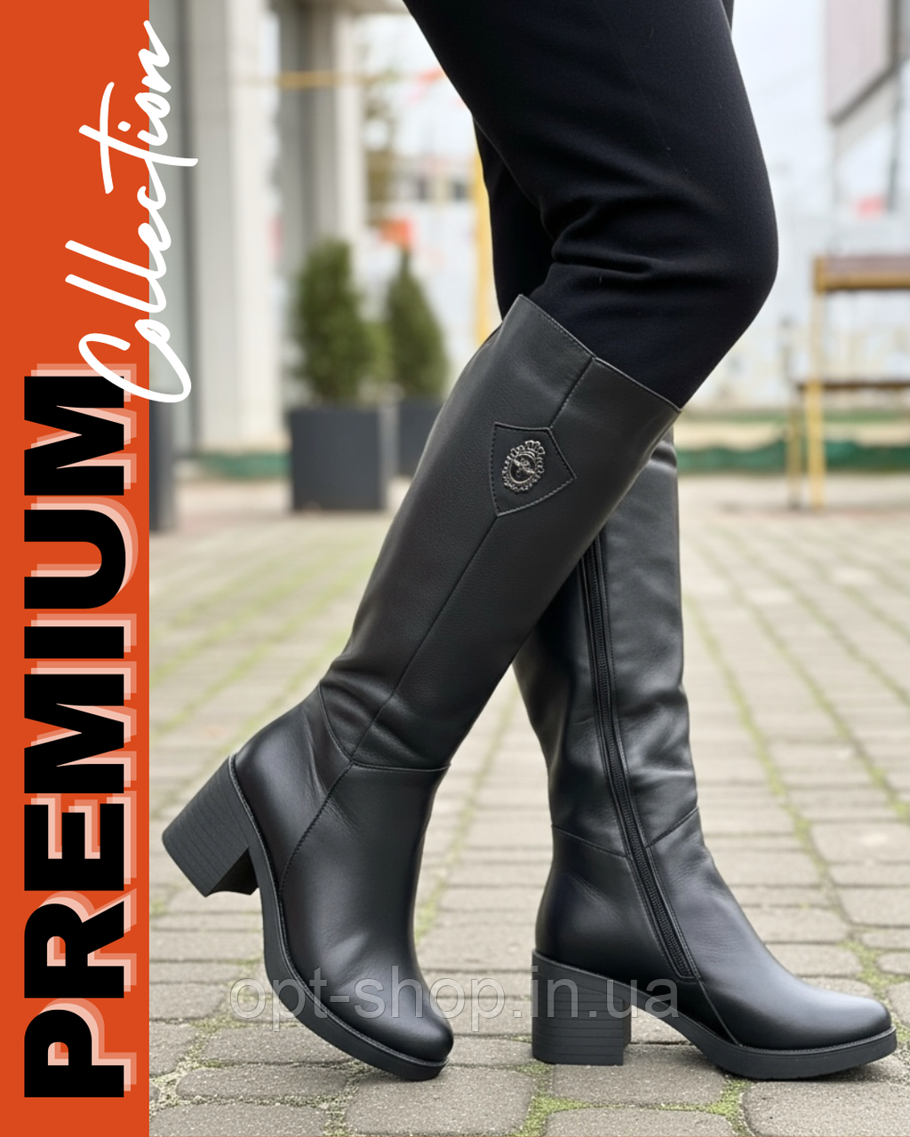 Чоботи жіночі зимові шкіряні високі чорні  на повну середню ногу на товстому стійкому каблуці 37 розмір, фото 1