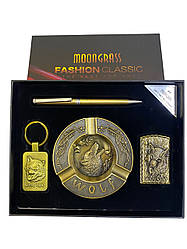 Подарунковий набір 4в1 Попільничка, запальничка, ручка, брелок "Wolf"