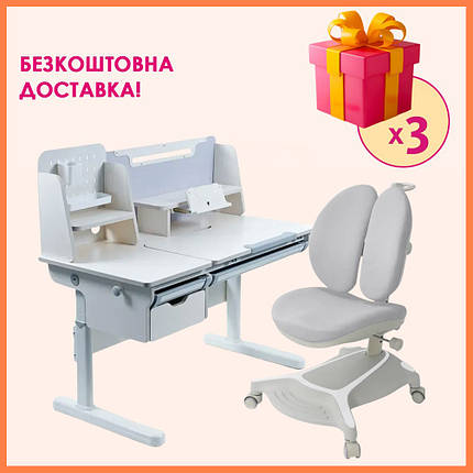 Комплект парта стіл з надбудовою Cubby Ammi Grey + дитяче ортопедичне крісло Cubby Bunias Grey для школяра, фото 1