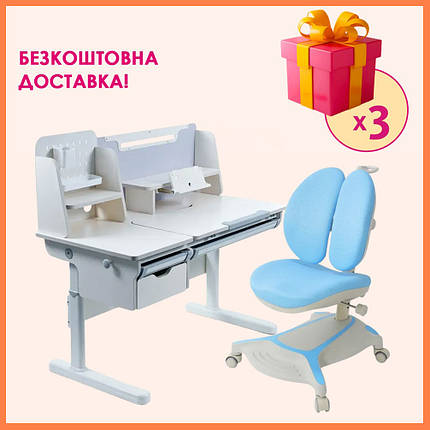 Комплект парта стіл з надбудовою Cubby Ammi Grey + дитяче ортопедичне крісло Cubby Bunias Blue для школяра, фото 1