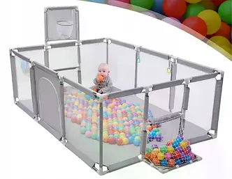 Дитячий манеж ігровий 180×120 см, сірий, з баскетбольним кільцем і воротами, сухий басейн