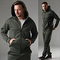 Чоловічий спортивний костюм на блискавці для зими із тринитки на флісі кофта та штани хакі