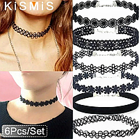 Набір із 6 чорних мереживних чокерів — Готічний панк стиль, еластичний дизайн, зручне носіння для жінок, ідеально підходить для