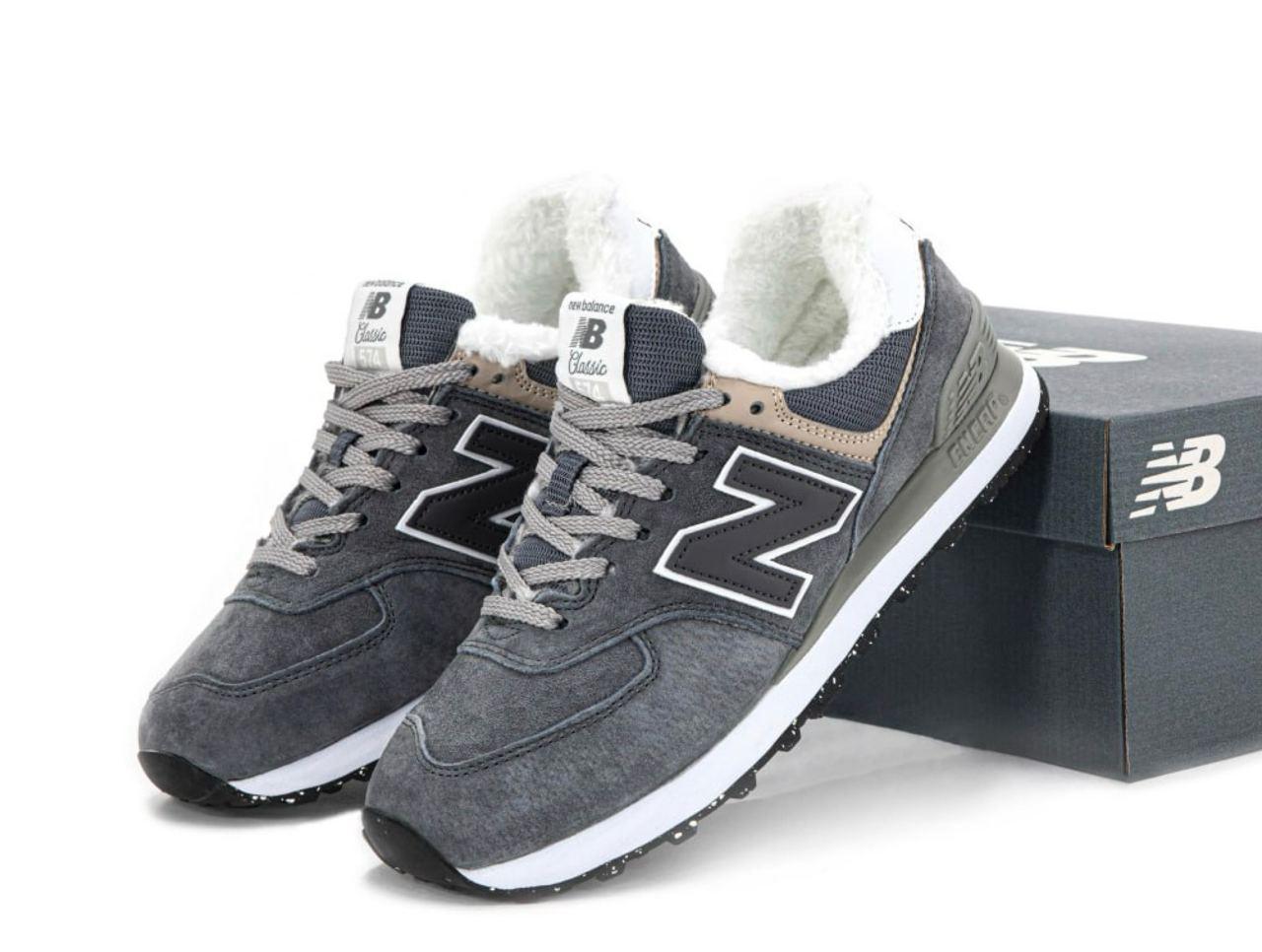 Чоловічі зимові кросівки New Balance 574 Low Grey White Winter сірі кросівки з хутром Нью Беланс замша зима