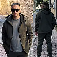 Теплый мужской спортивный костюм зимний на флисе из трехнитки на молнии кофта и штаны хаки