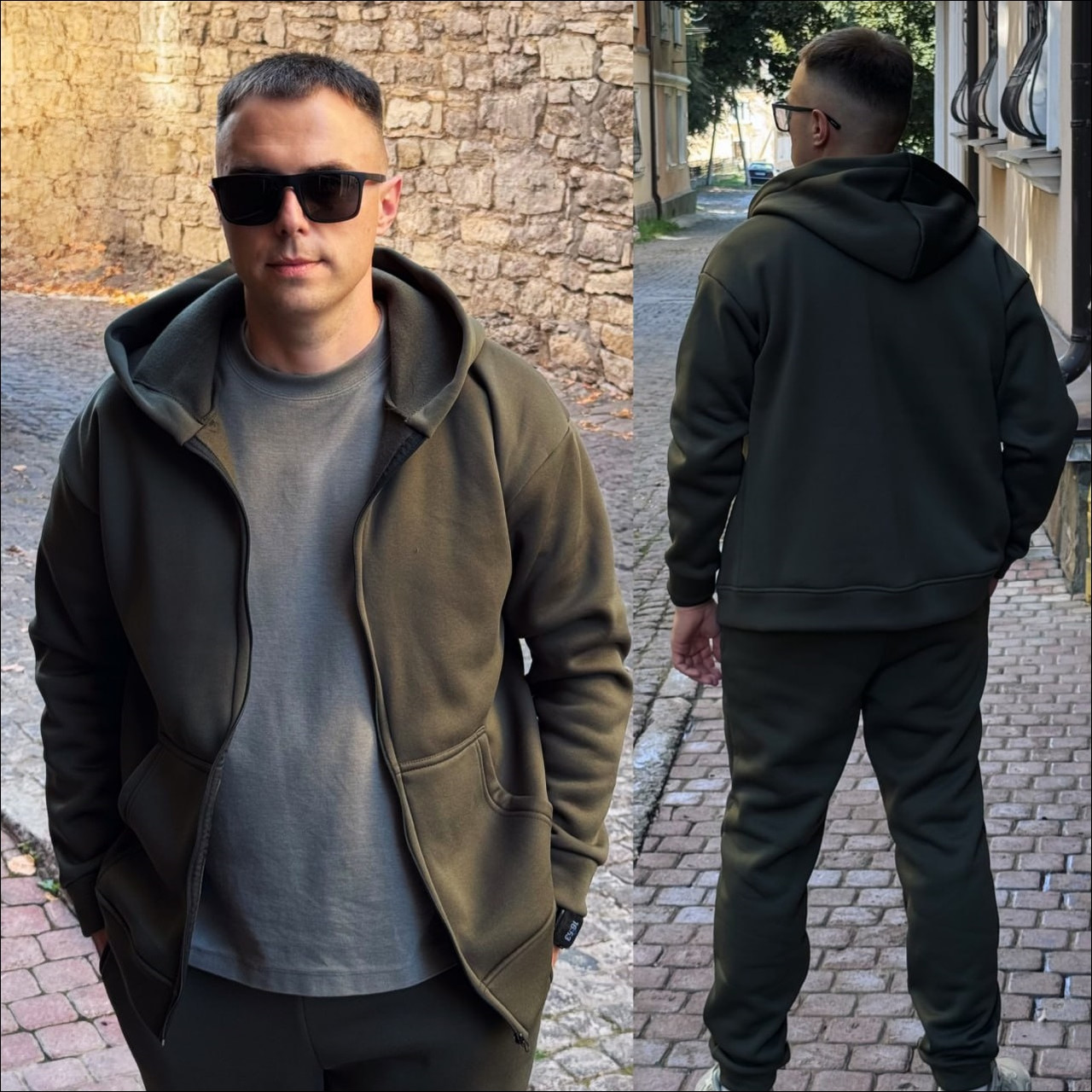 Теплий чоловічий спортивний костюм зимовий на флісі з тринитки на блискавці кофта та штани хакі - фото 1 - id-p2800167825