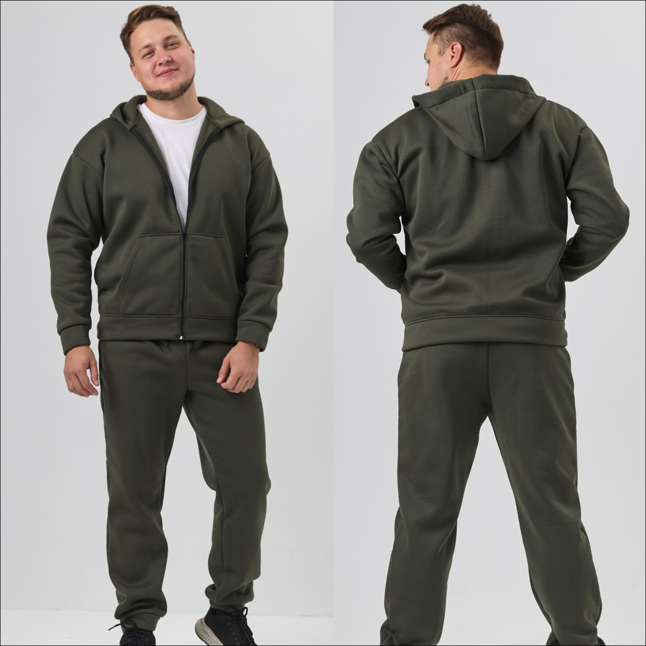 Чоловічий спортивний костюм тринитка на флісі зимовий на блискавці кофта та штани хакі - фото 1 - id-p2800168325