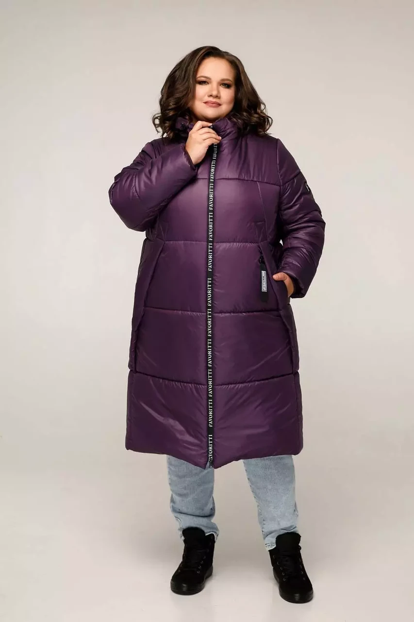 Жіночий зимовий пуховик великих розмірів 54-80, подовжений з капюшоном, плащівка лаке матова/глянцева фіолетовий, фото 1
