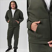 Зимовий чоловічий спортивний костюм із тринитки на блискавці кофта та штани на флісі хакі