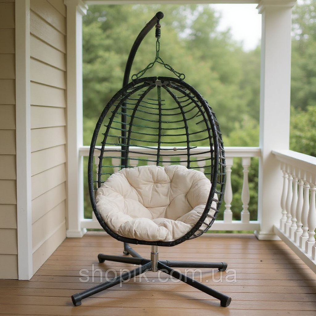 Підвісна садова гойдалка крісло SAN VITO підвісне садове кокон гніздо для саду з м'якою бежевою подушкою Чорний, фото 1