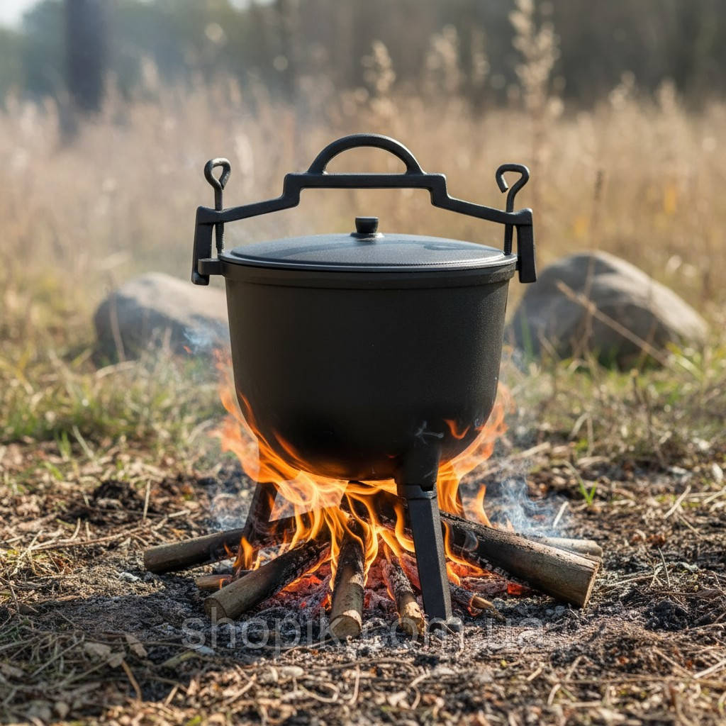 Туристичний чавунний казан для кемпінгу та дому об'єм 11 л Garden Line на 3 ніжках з кришкою та ручкою для приготування страв, фото 1