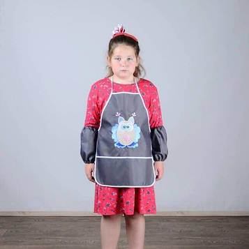 Фартух з нарукавниками дитячий - для праці, малювання, кухні, з вишивкою - сова 3, колір - сірий Код/Артикул 100447