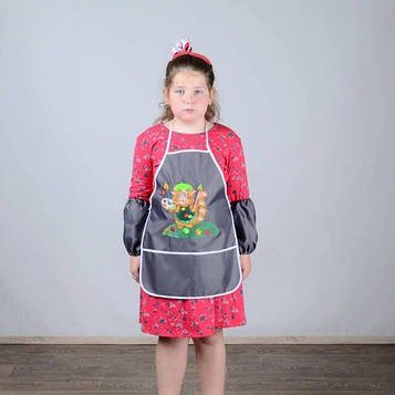 Фартух з нарукавниками дитячий - для праці, малювання, кухні, з вишивкою - кіт художник 2, колір - сірий Код/Артикул 100443