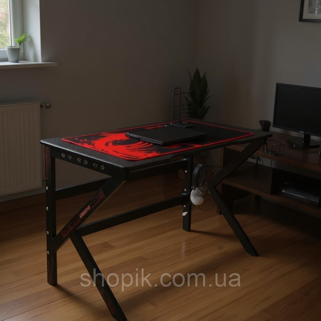 Ігровий комп’ютерний стіл прямокутний для геймерів зі сталі для ноутбука та ПК з RGB LED-підсвічуванням тримачем для навушників, фото 1