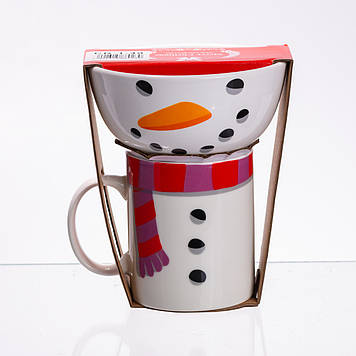 Набір порцелянова чашка з піалою Snowman 350 (мл) чашка на подарунок новорічна для чаю та кави CR-1-49