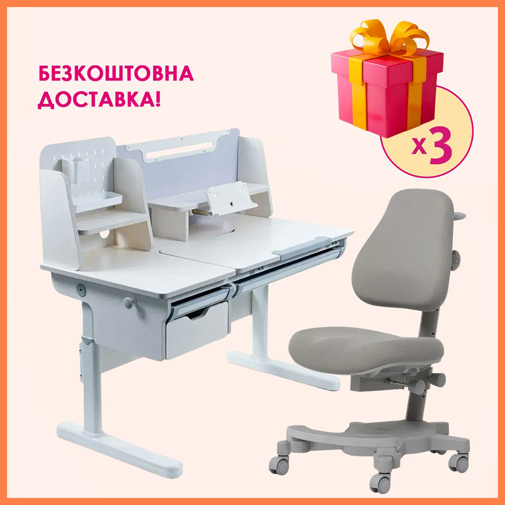 Комплект парта стіл з надбудовою Cubby Ammi Grey + дитяче ортопедичне крісло Cubby Solidago Grey для школяра