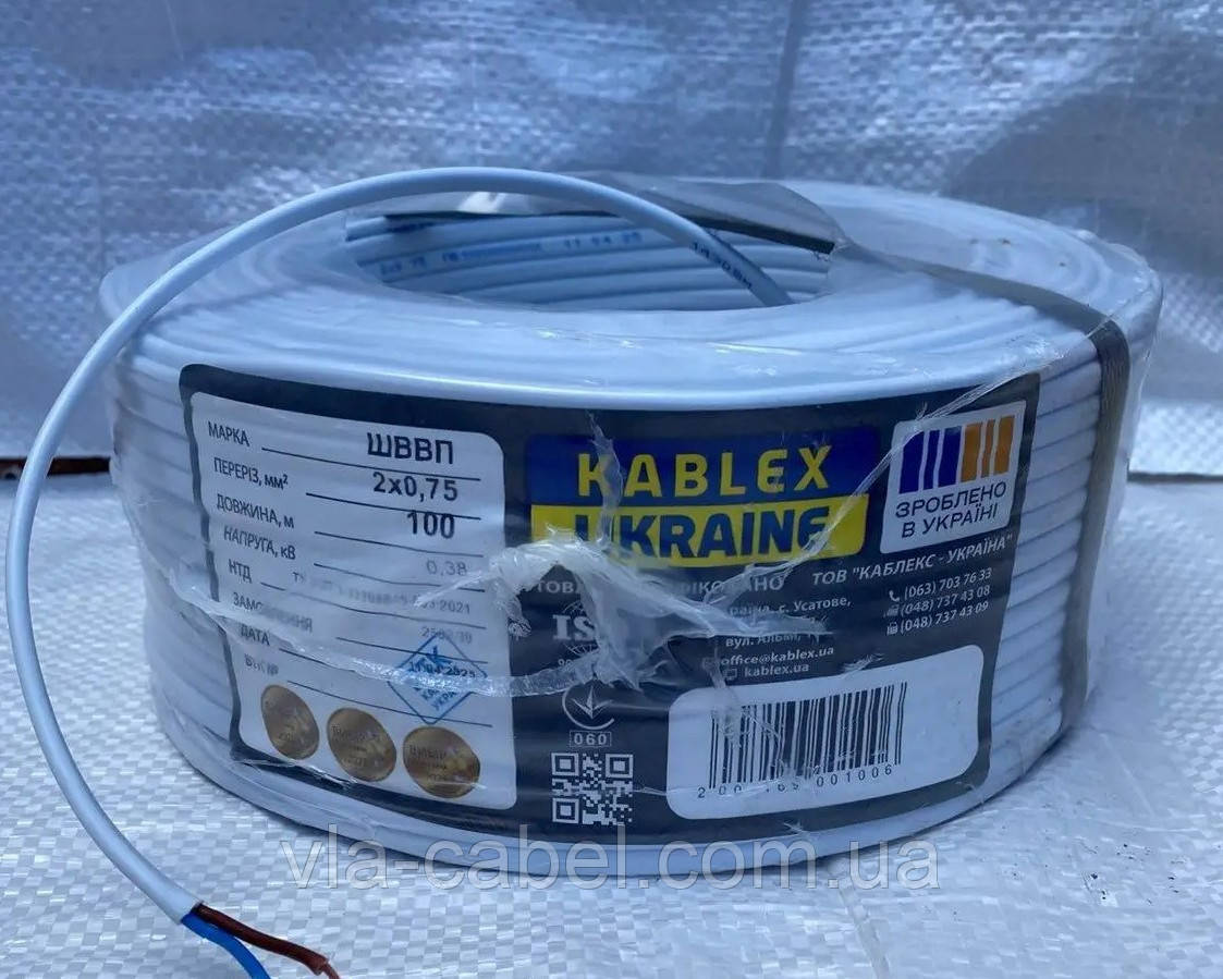 Провід шнур ШВВП 2х0.75 повний переріз, плоский гнучкий Каблекс Одеса (бухта 100м), фото 1