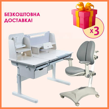 Комплект парта стіл з надбудовою Cubby Ammi Grey + дитяче ортопедичне крісло Cubby Magnolia Grey для школяра, фото 1