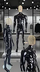 Манекен чоловічий з металевою золотою головою в повний зріст чорний для вітрини магазину одягу