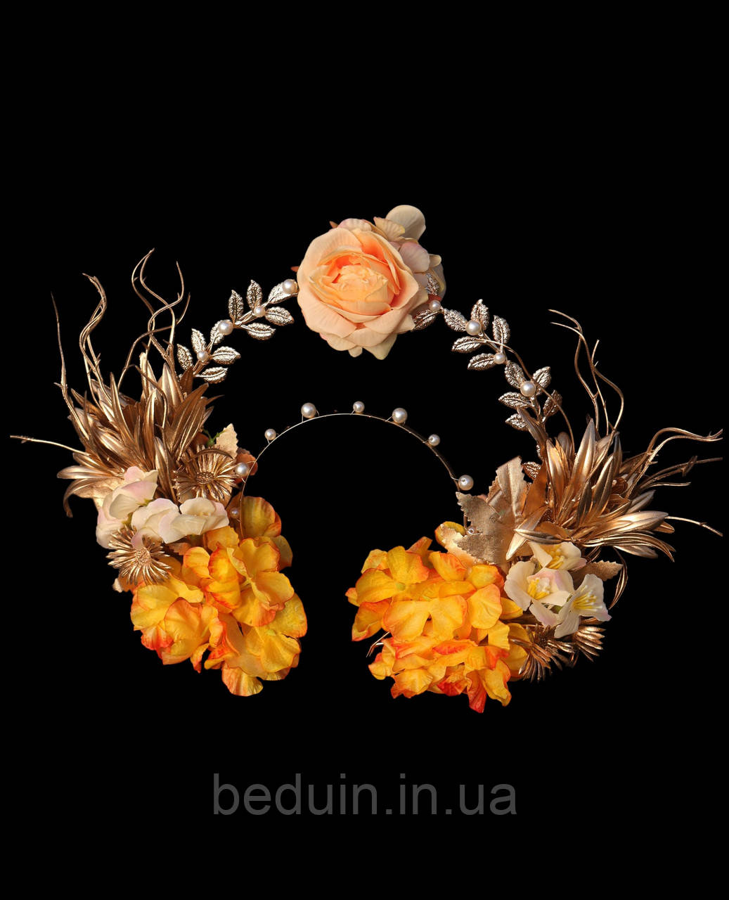 Розкішний осінній вінок "Золота Троянда" обруч з листя і квітів - Aushal Jewellery