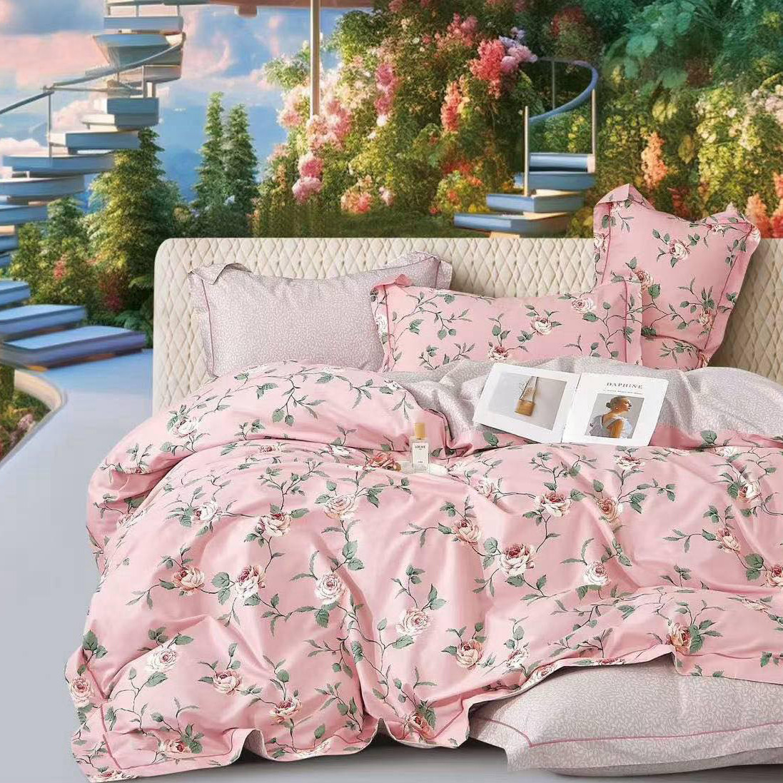 Постільна білизна Королева Ночі (Сатин) | Полуторний комплект | 50х70 | Квіти на рожевому, фото 1