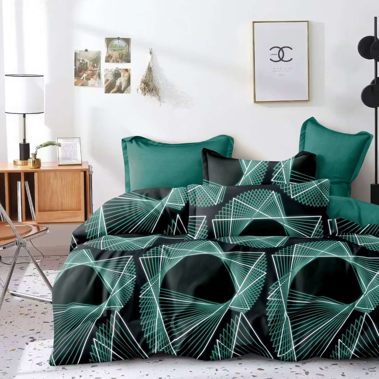 Постільна білизна Королева Ночі (Сатин) | Полуторний комплект | 50х70 | Візерунок на темному та бірюзовому, фото 1