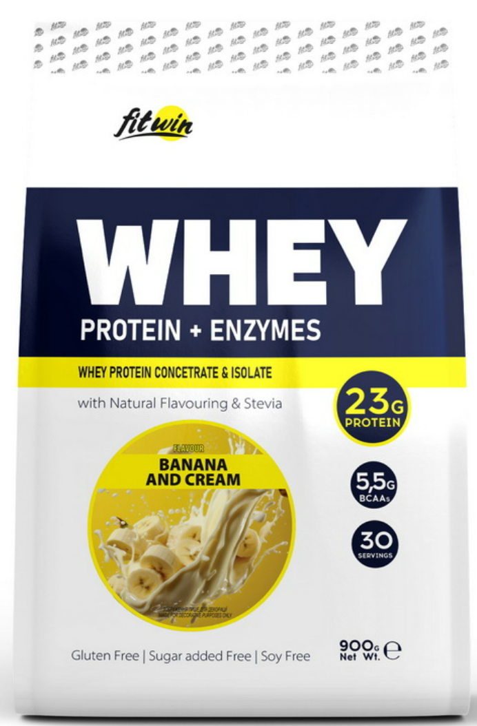 Сыровоточный протеин FitWin Whey Protein + Enzymes 900 г банан и сливки