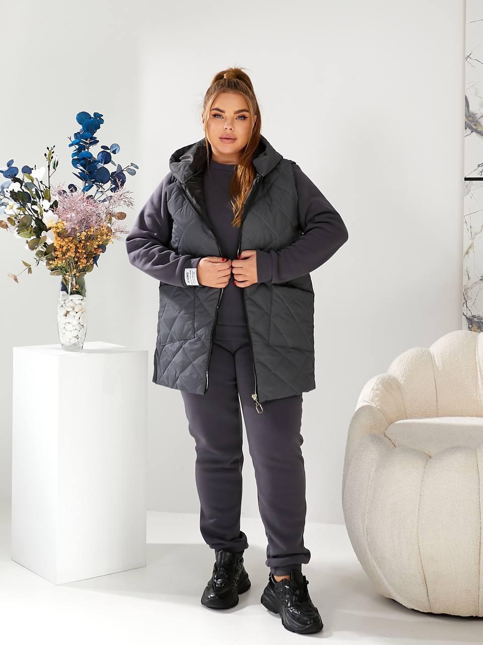 Костюм жіночий спортивний трійка з тринитки на флісі із жилетом (Батал), фото 1