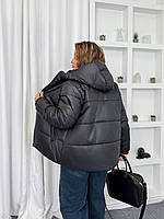 Тепла жіноча стьобана куртка з капюшоном на синтепоні (Батал), фото 5