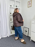 Тепла жіноча стьобана куртка з капюшоном на синтепоні (Батал), фото 9