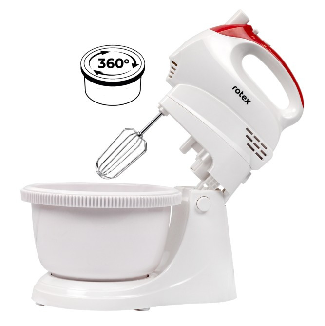 Міксер RHM250-K з чашею (200 Вт, 5 швидкостей, TURBO) | Ручний+стаціонарний міксер білий з насадками 2 л, фото 1