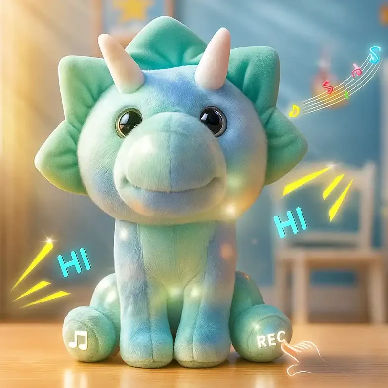 Смішна м'яка іграшка Динозаврик для дітей/інтерактивний сплюшка-обіймашка з записом голосу Світло-металійка, фото 1