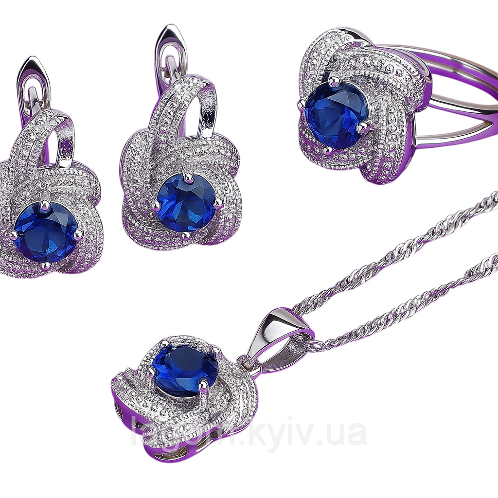 Комплект срібних прикрас APHRODITE 925 проба синій (сережки, каблучка, підвіска та ланцюжок), фото 1