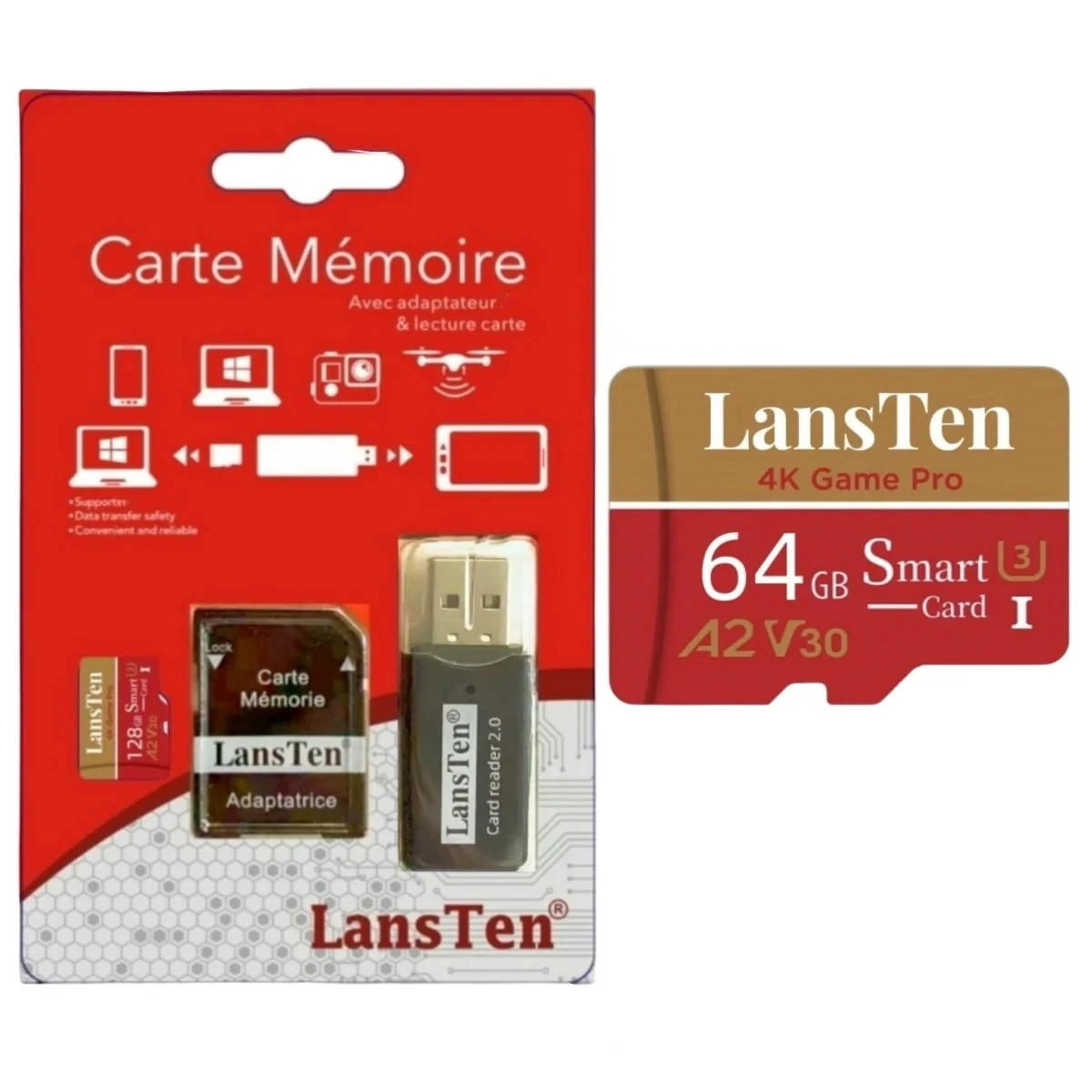 MicroSD Карта Пам'яті LansTen 64GB Class 10 з Адаптером та USB Картрідером, фото 1