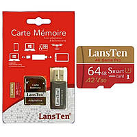 MicroSD Карта Пам'яті LansTen 64GB Class 10 з Адаптером та USB Картрідером