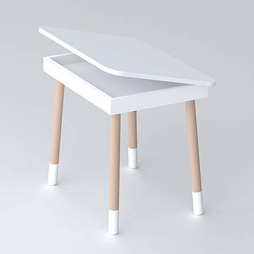 Дитячий дерев'яний столик з відкидним верхом білий для навчання і творчості з нішею