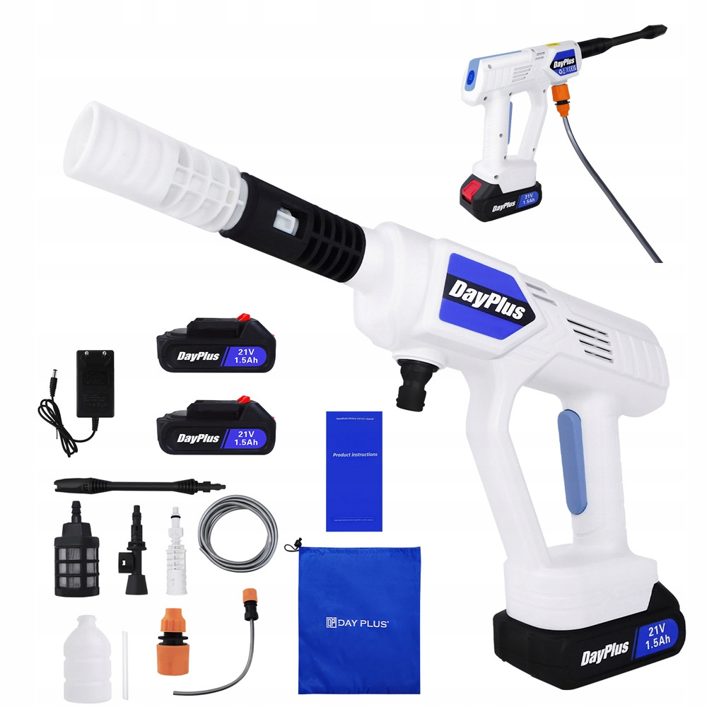 Акумуляторна бездротова мийка високого тиску 21V з 2 акумуляторами, регульована насадка 4 в 1, шланг 5 м, насос до 45 бар, фото 1