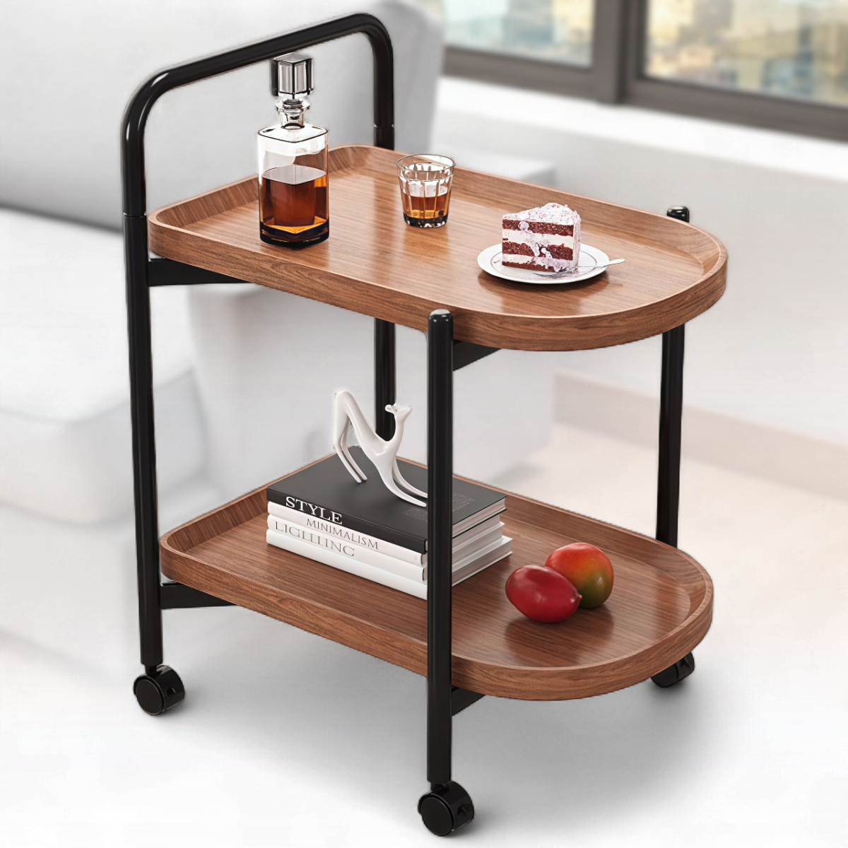 Двоярусний столик на колесах з металевим каркасом і полицями під дерево ZM-1642 68х60х40см, фото 1