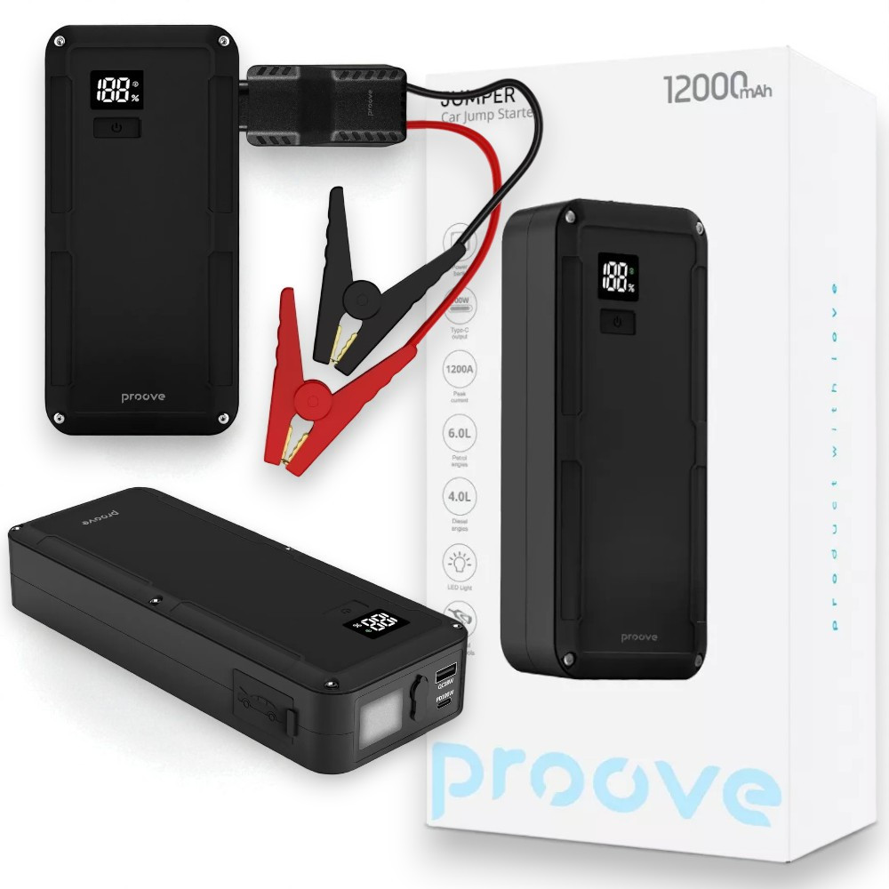 Автомобільний пуско-зарядний пристрій Proove Jumper 12000mAh 100W Пусковий бустер для авто, Power Bank, стартер двигуна, чорний, фото 1