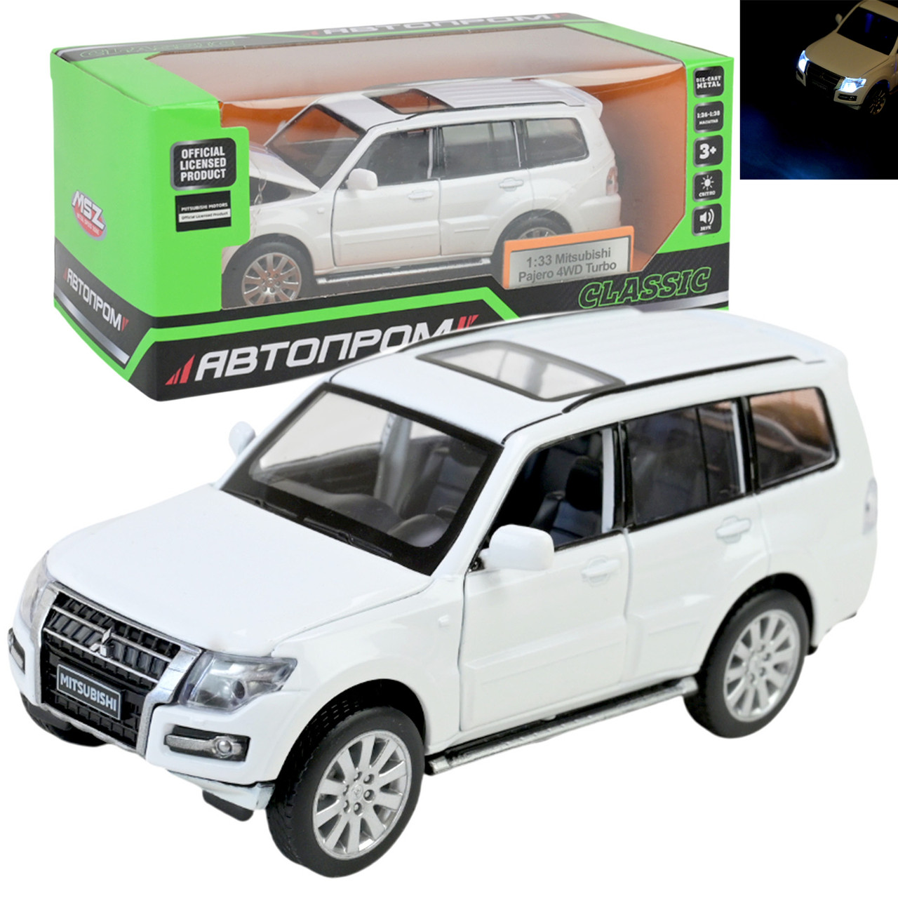 Машина метал Mitsubishi Pajero 4WD Turbo Мітсубісі біла 1:33 світло звук 14,5*5,5*5,5см (68463W), фото 1