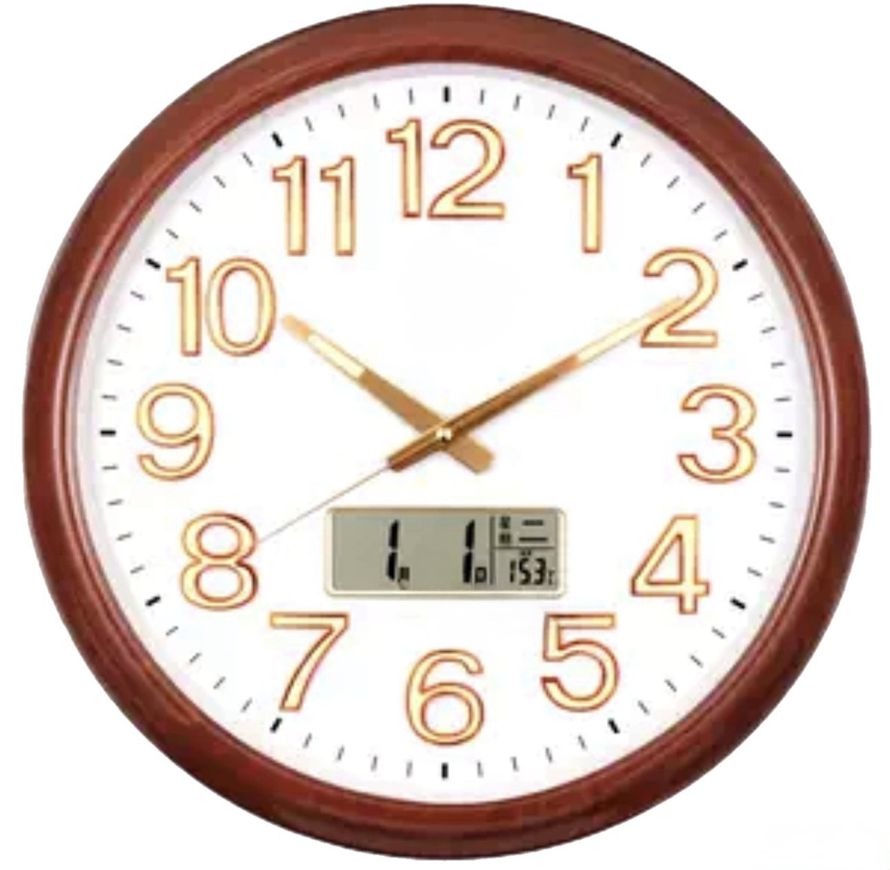 Годинник настінний фосфорний 9285YT круглий коричневий (49см) температура+дата