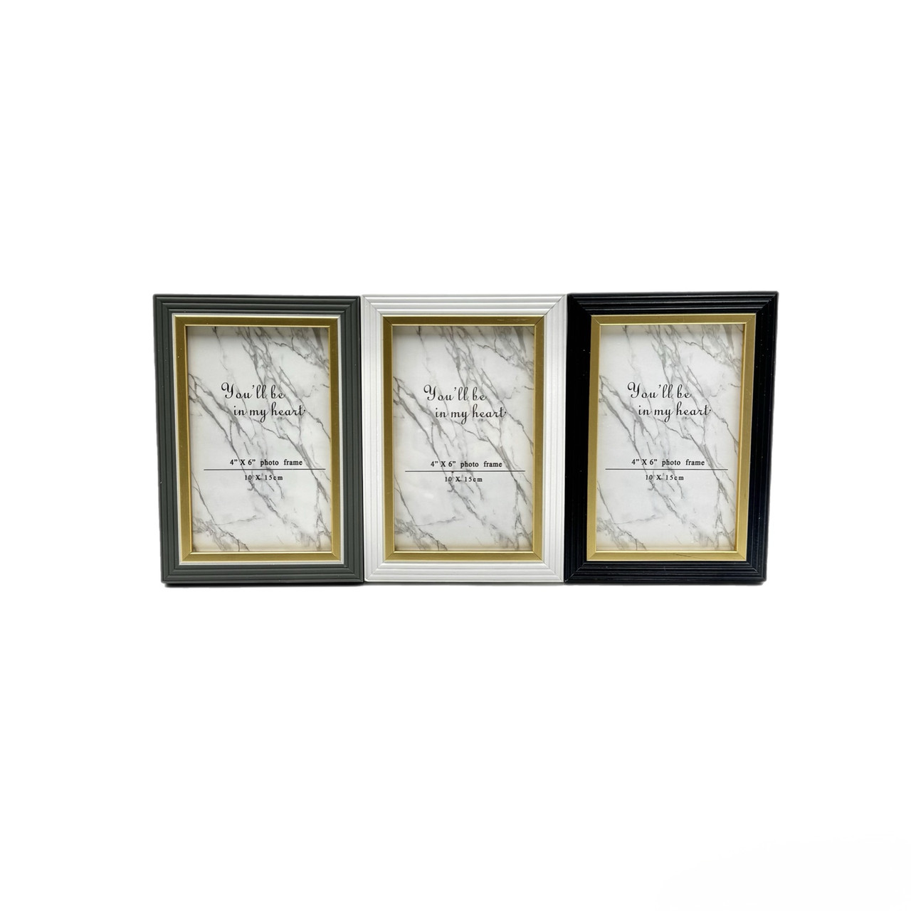 Рамка пластікова 2402 10*15 чорна/біла/сіра з золотою вставкою