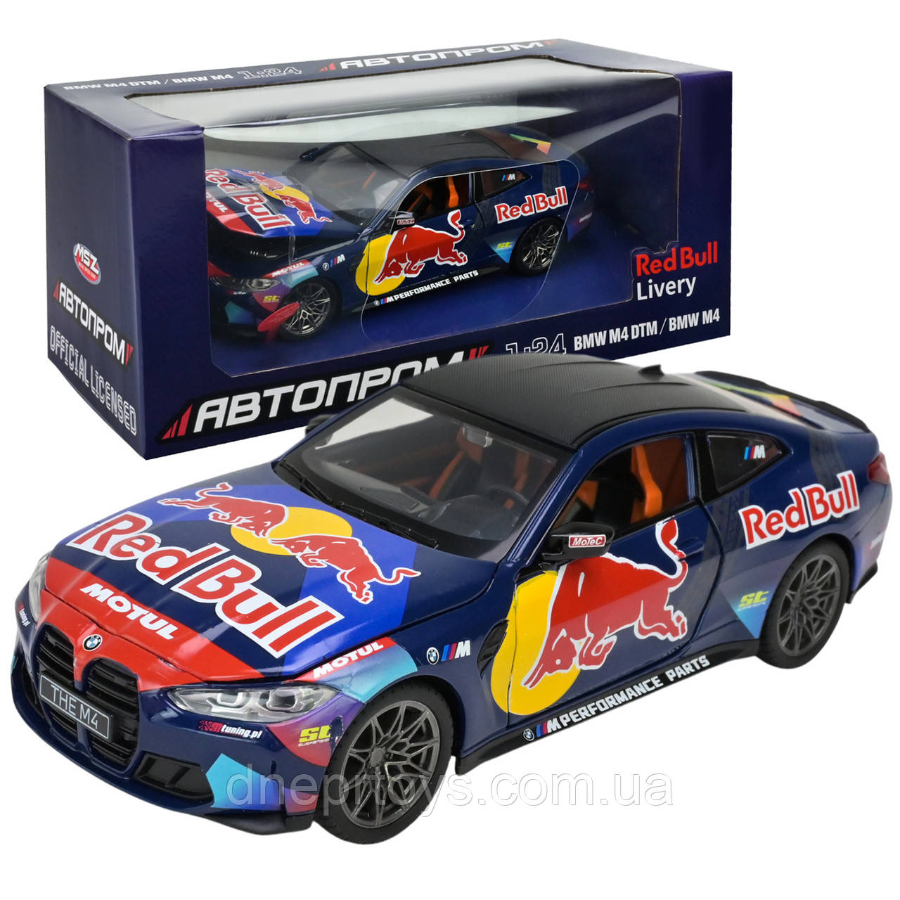 Машина метал BMW M4 G82 БМВ RED BULL LIVERY чорна 1:24 світло звук відкр.двері 20*8*5,5см (68292A), фото 1