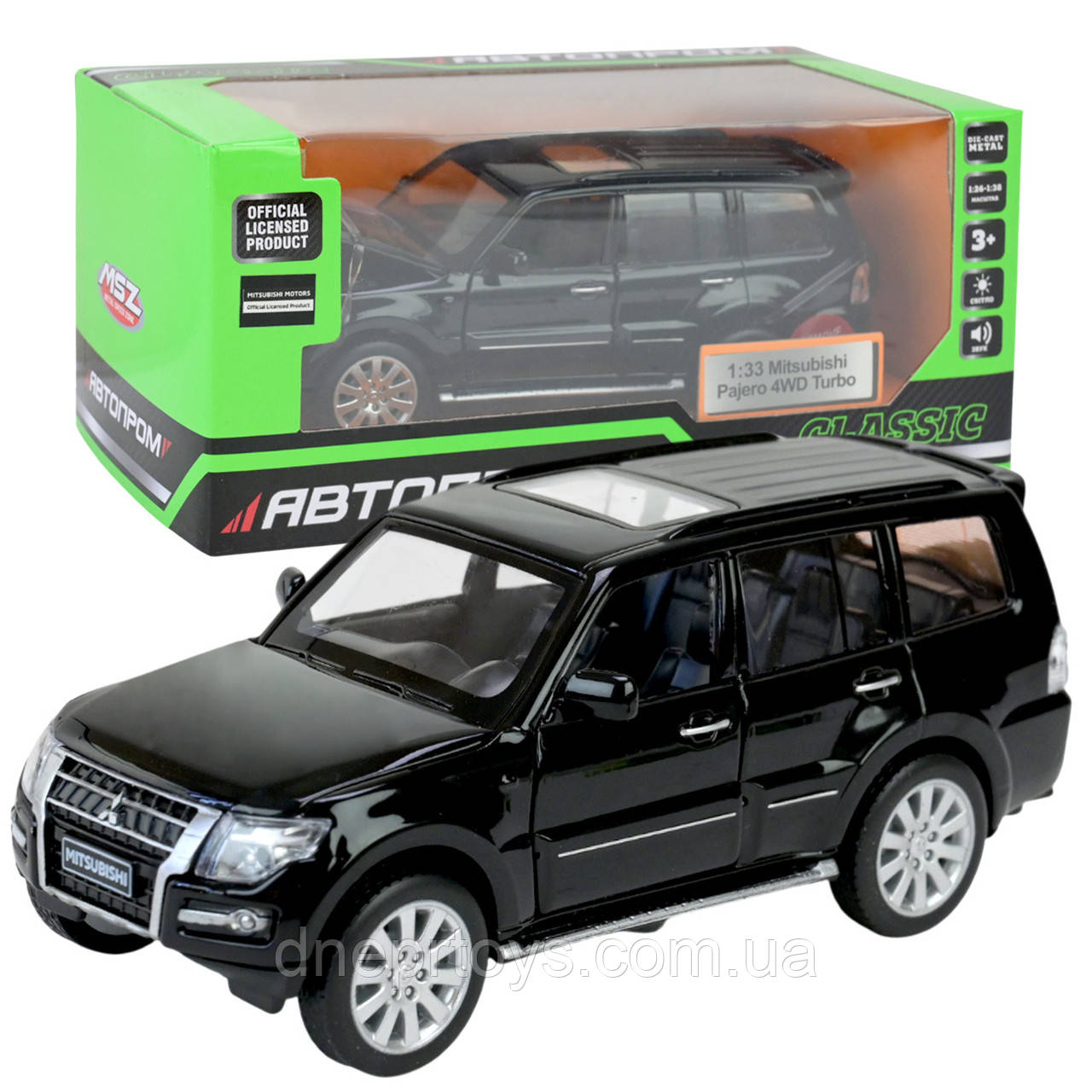 Машина метал Mitsubishi Pajero 4WD Turbo Мітсубісі чорна 1:33 світло звук 14,5*5,5*5,5см (68463B), фото 1