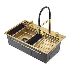 Кухонна мийка 750х470 золотий сатин (змішувач+сифон+кошик+дозатор+омивач (GOLD) GAPPO PROFI GS 7547-13
